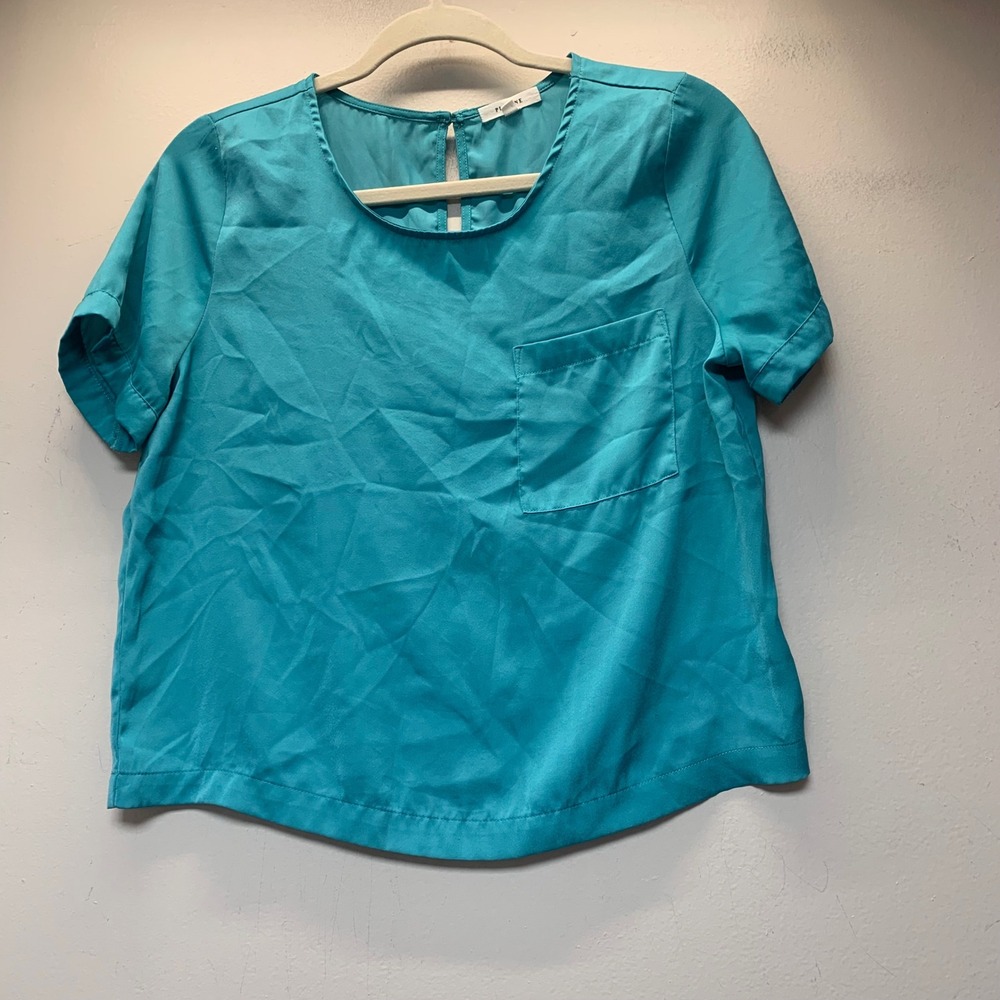 Pleione Short Sleeve Blouse Womens Small Teal Blue Excellent Keyhole Back Pocket